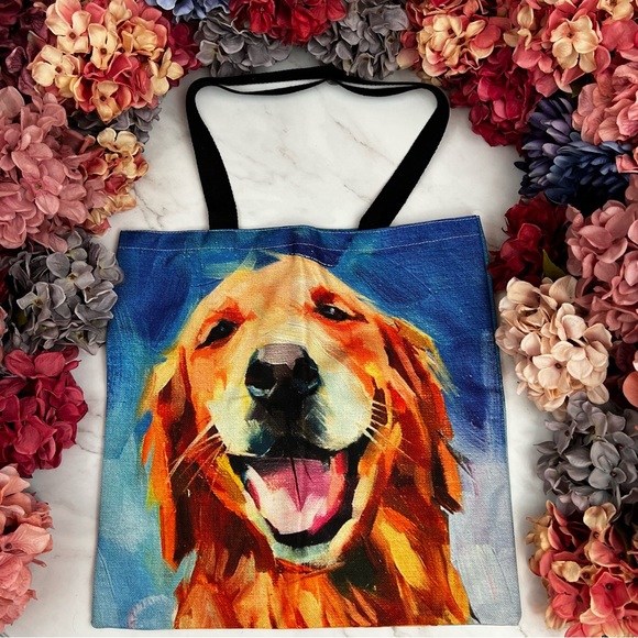Eco-Friendly Happy Golden Retriever Dog Folding Tote Bag - Picture 2 of 14